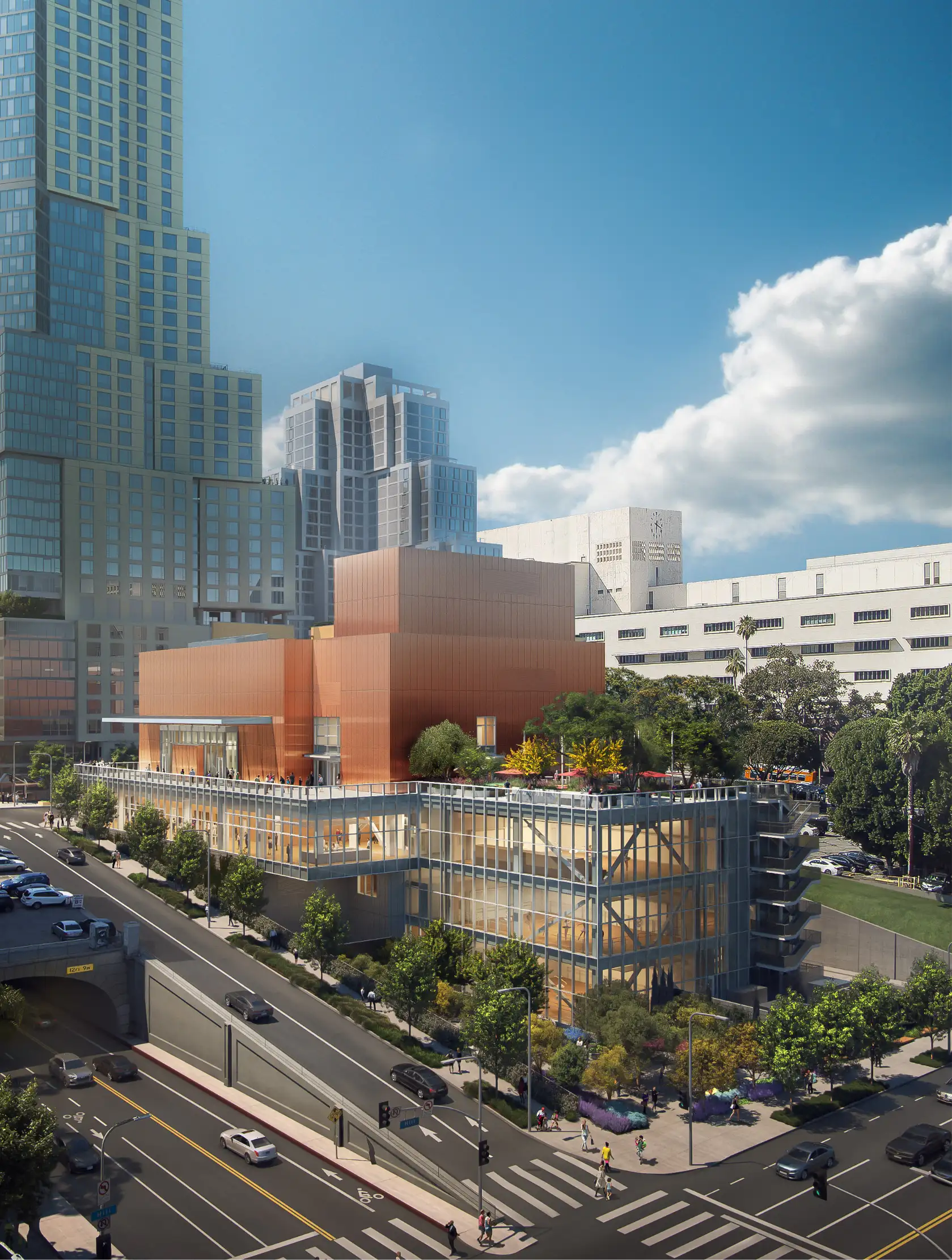 Frank Gehry-designed Terri and Jerry Kohl Hall and the new dance school with studio theater, from Hill and 2nd Streets.