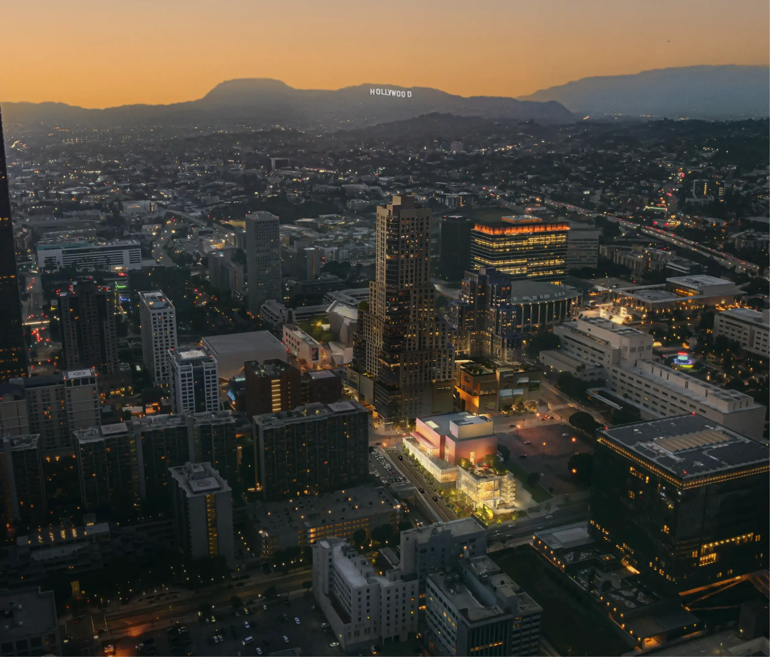 Downtown Los Angeles rendering featuring the new Colburn Center designed by Frank Gehry.