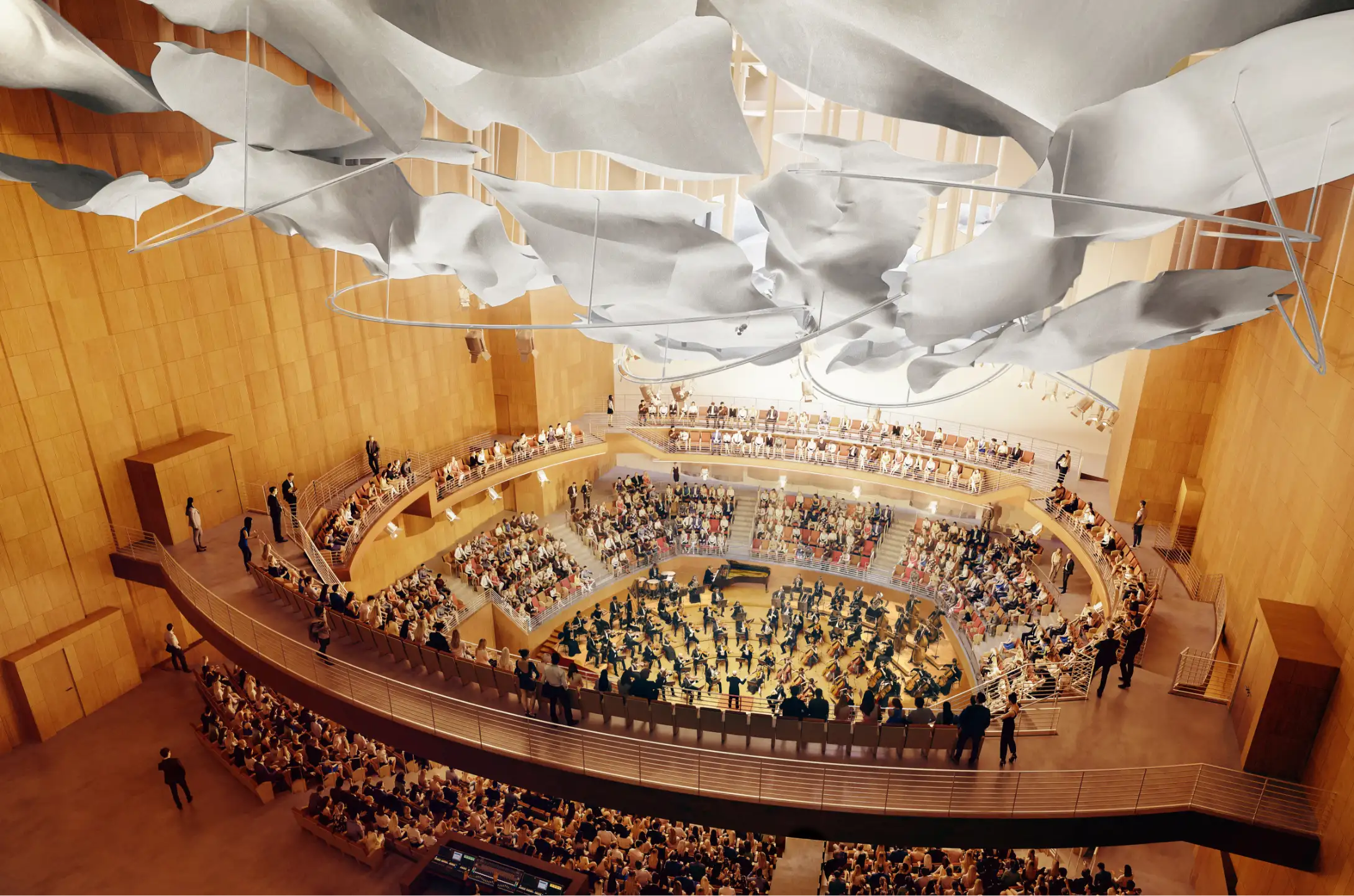 Frank Gehry-designed 1,000 seat Terri and Jerry Kohl Hall, with cloud-inspired acoustics by Nagata Acoustics.